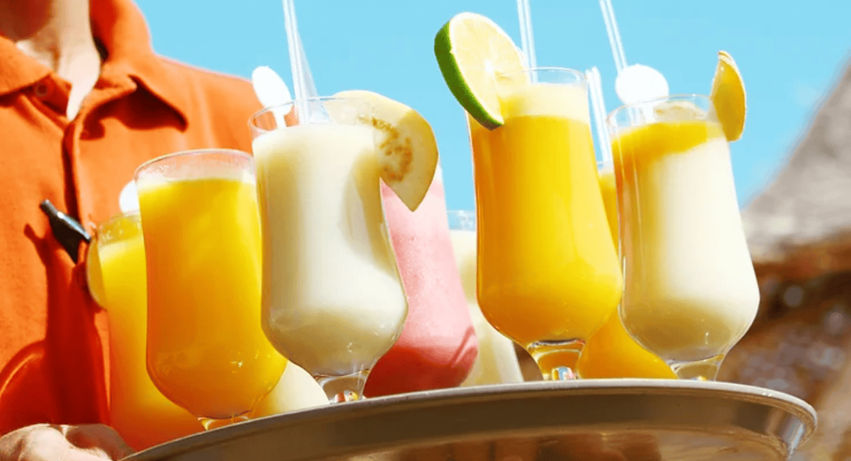 Frozen drinks on a tray at an all-inclusive resort