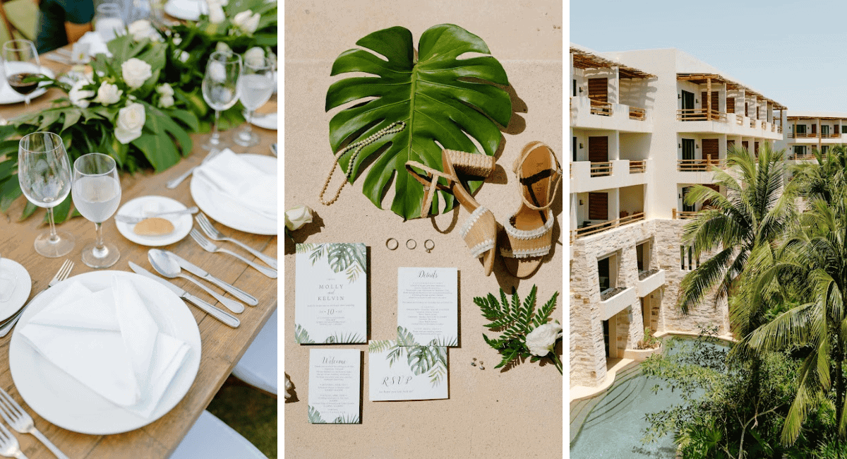 Collage of three images with a place setting with white plates and napkins, a staged image of the invitation, brides jewelry and shoes, and green plant accents, and an image of a resort building with the palm trees to the side of the shot