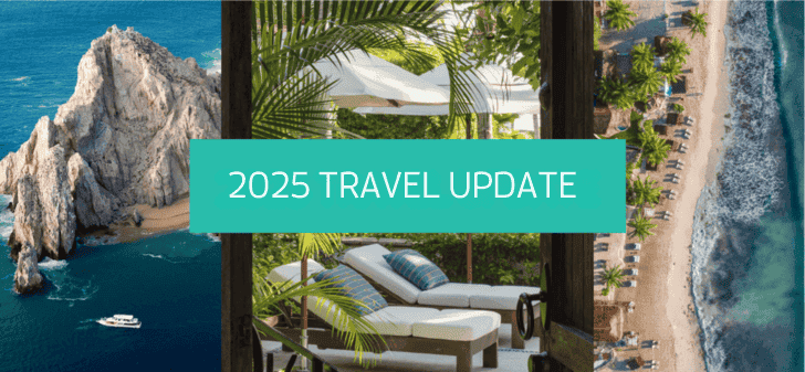Split image of a coastal rock formation, a tropical resort lounge, and an aerial beach view with "2025 Travel Update" text overlay.