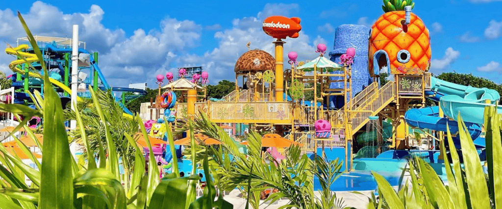 Nickelodeon water park in Riveria Maya with Spongebob and Dora the Explorer themes throughout the park