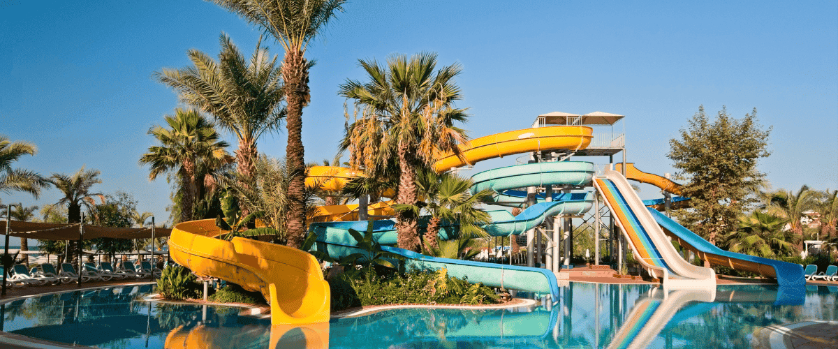 Image of water park from afar showing slides and pool with palm trees all around