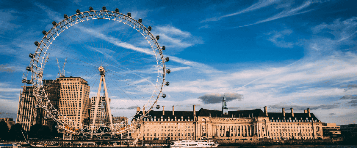 London landscapes with big buildings and Ferris wheel overlooking the city