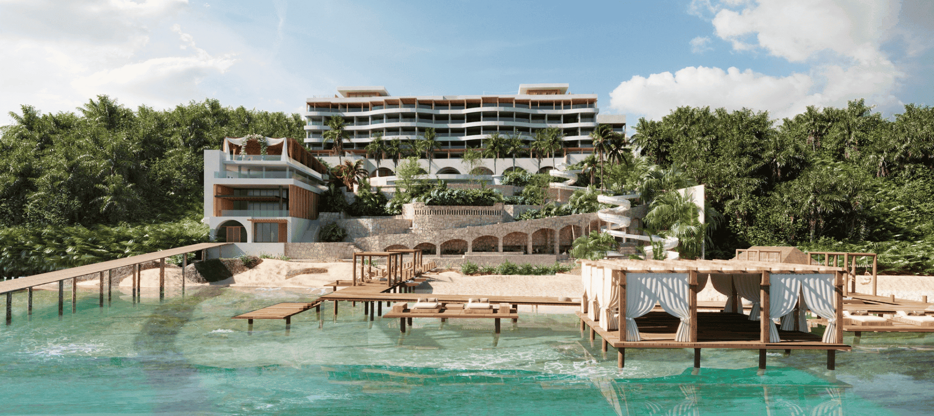 Aerial view of Secrets Impression in Isla Mujeres showing the resort and over the water cabanas