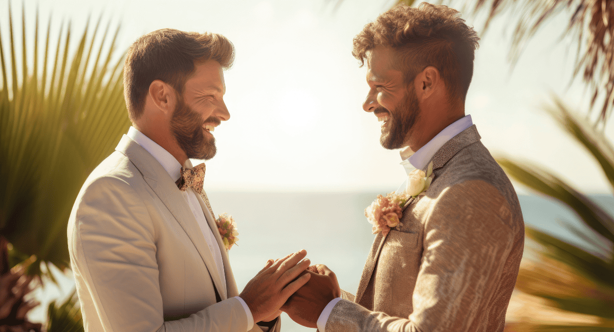Two men in suits facing each other, hand in hand, with palm leaves and ocean water behind them