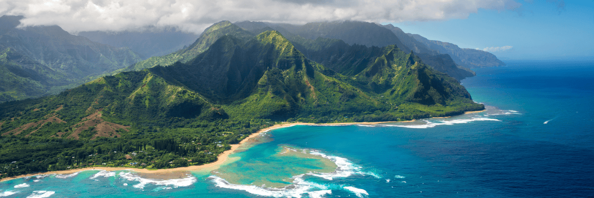 Sky view of Hawaii's beautiful blue waters and green island