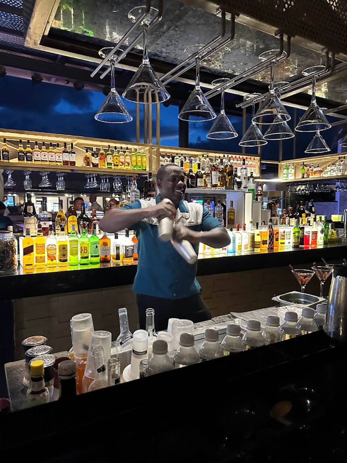JT-All-Inclusive-01 A bartender stands behind a well-stocked bar, shaking two cocktail shakers, with bottles and glasses visible on shelves and counter.
