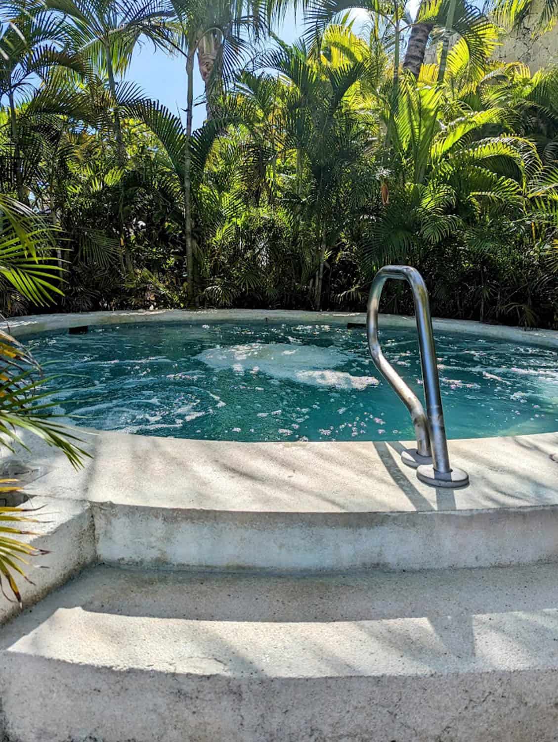 JT-All-Inclusive-05 A round outdoor hot tub with bubbling water, surrounded by lush green tropical plants, with metal handrail and concrete steps leading up to the tub.