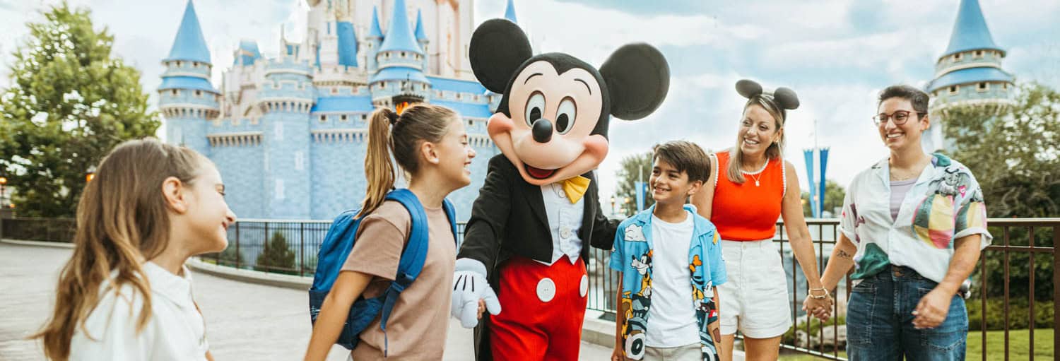 JT-Disney-03 A group of people, including children and adults, stand smiling with a Mickey Mouse character in front of a blue castle at a theme park.