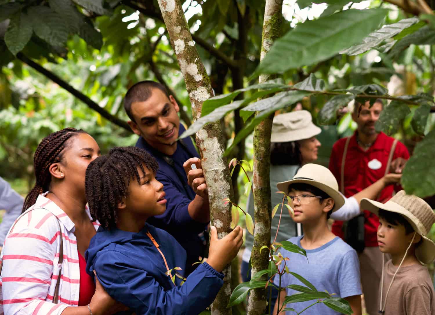 JT-Family-Travel-14 A group of adults and children observe and touch a tree in a lush outdoor setting, appearing engaged and curious during a guided nature tour.