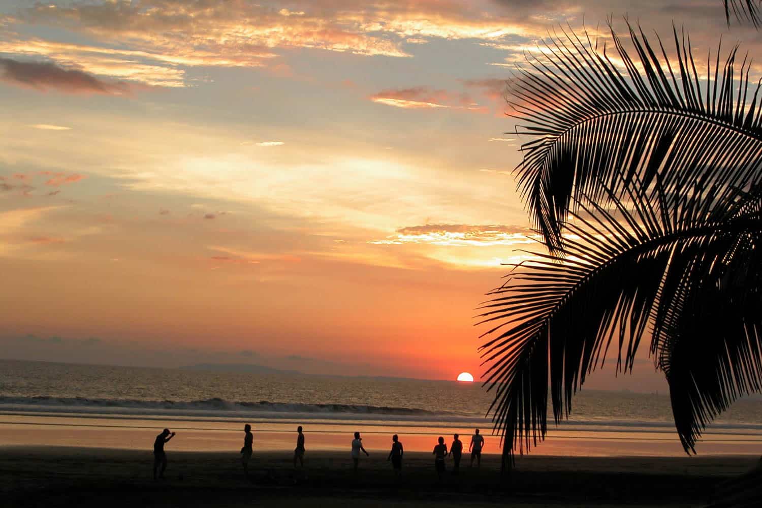 People play on a beach at sunset in Costa Rica with the sun near the horizon, ocean waves in the background, and a palm tree in the foreground.