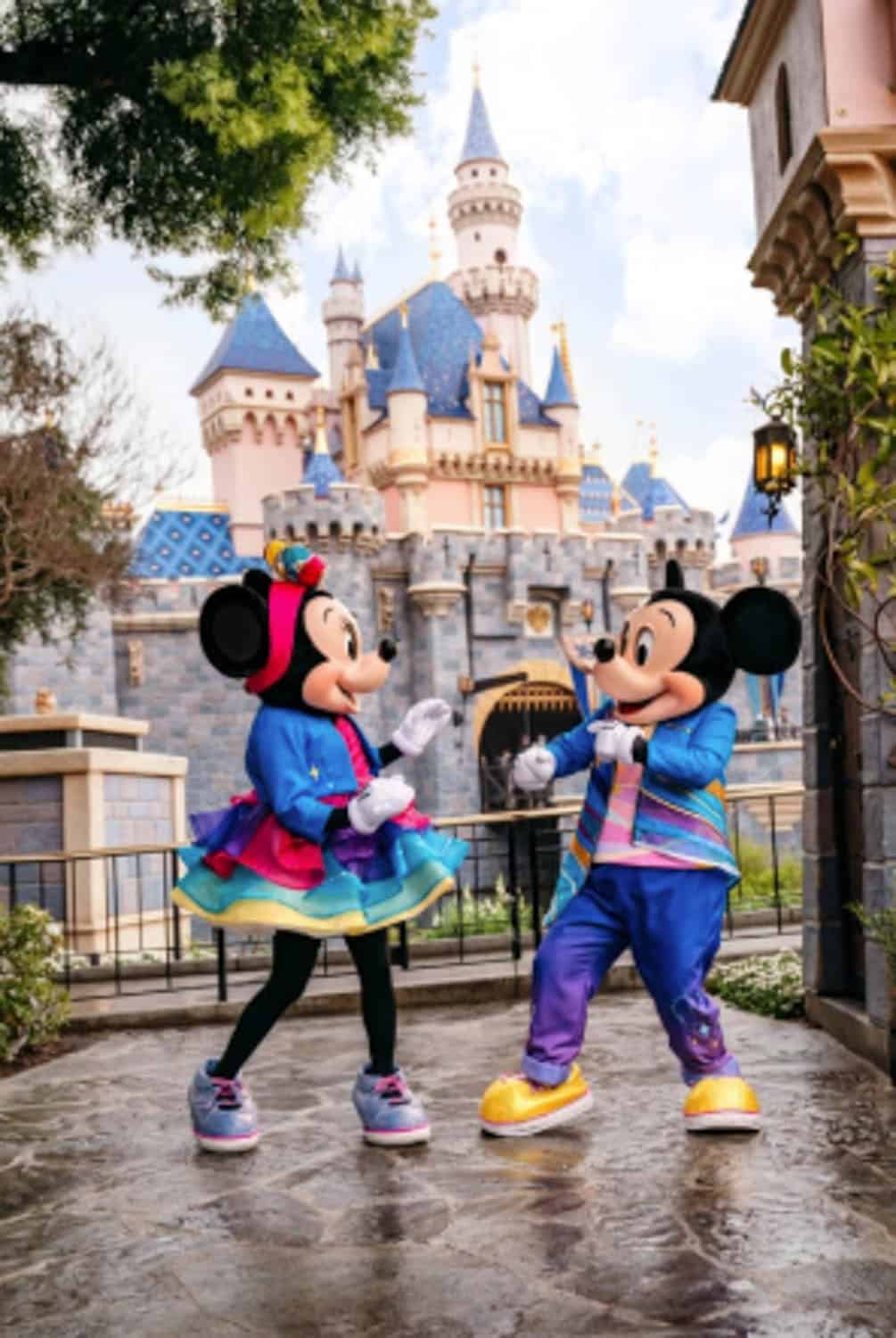 Screenshot Minnie Mouse and Mickey Mouse in colorful outfits stand in front of a castle at a Disney theme park, posing for a photo on a paved walkway.
