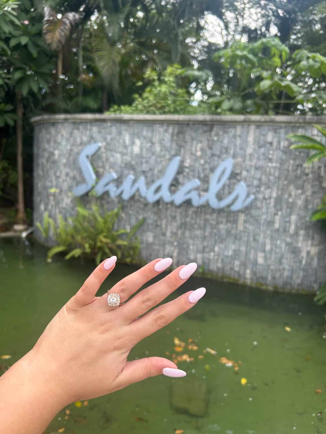 Madelynn-Pierce-03 A hand with light pink manicured nails and an engagement ring is held up in front of a stone wall with the word Sandals by a pond with greenery.