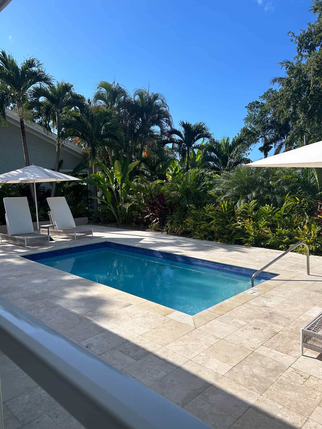 Madelynn-Pierce-08 Rectangular swimming pool surrounded by a stone patio, two white lounge chairs with umbrellas, and lush tropical plants in the background.