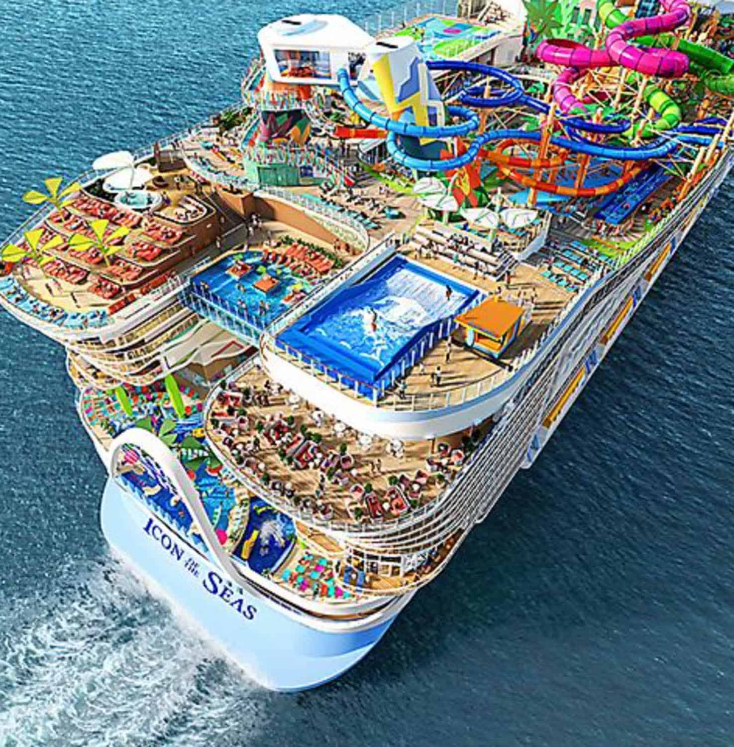 A large cruise ship named Icon of the Seas sails on the ocean, featuring pools, water slides, and recreational areas on its multiple decks.
