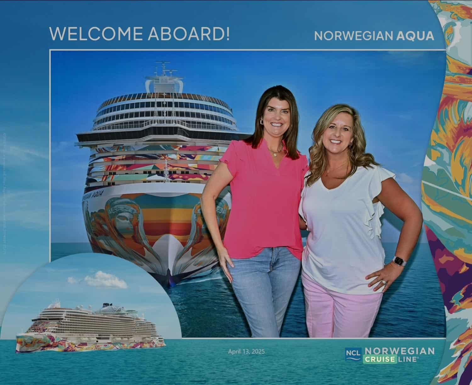 Anna-Swenson-200 Two women stand side by side and smile in front of a backdrop featuring the Norwegian Aqua cruise ship. Welcome Aboard text is displayed above them.