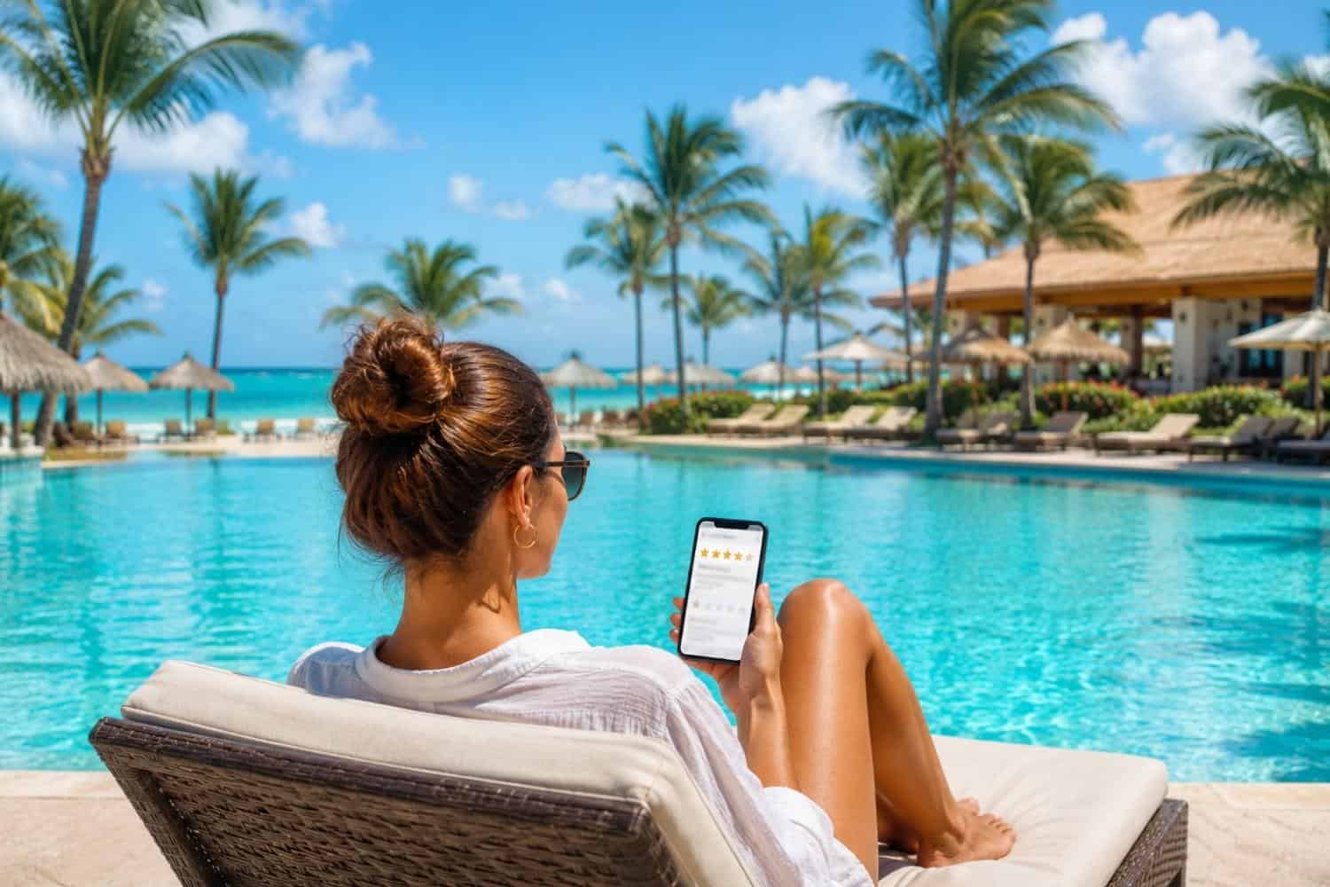 Woman at a beach resort sitting poolside with a phone displaying a 4 star review.